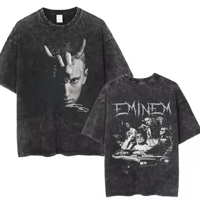 Nouveau T-shirt unisexe délavé avec motif graphique Eminem World Tour