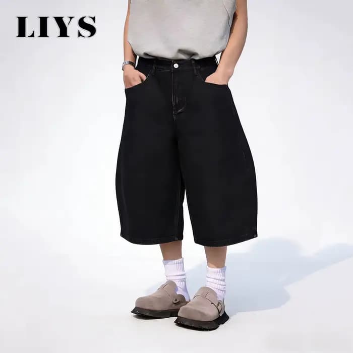 LIYS Short en jean ultra ample style américain rétro noir pour homme et femme, coupe large, pour le