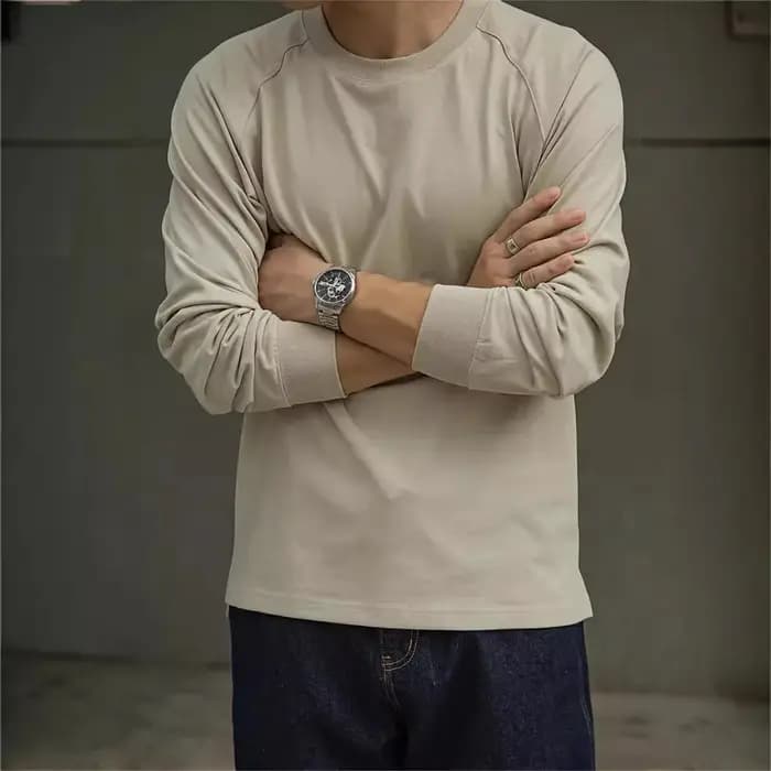 T-shirt à manches longues en coton rétro américain avec col ras du cou et sous-pull intégré pour hom