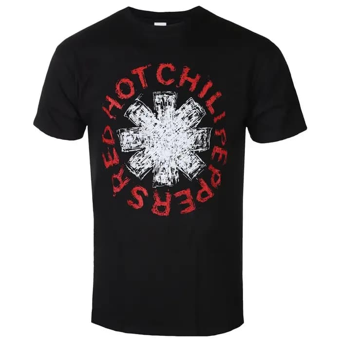 T-shirt graphique du groupe Red Hot Chili Peppers avec lettres rouges circulaires vieillies et étoile à huit branches blanche rayée