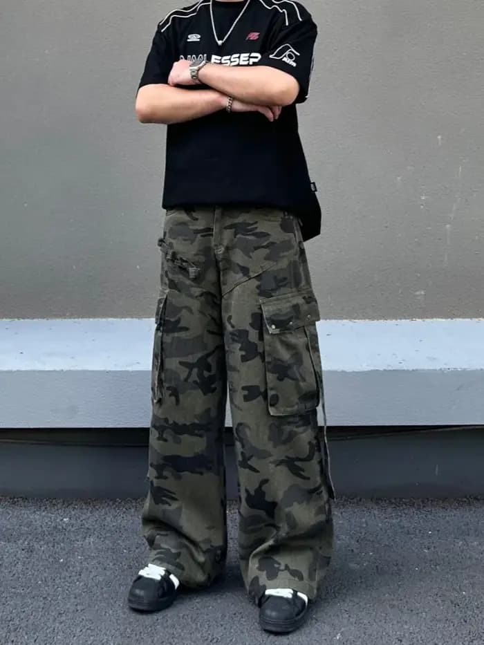 Nouveau Jean Cargo Baggy Camouflage Streetwear Cyber Y2K 2026 pour Homme – Coupe Droite Multi-Poches Hip Hop