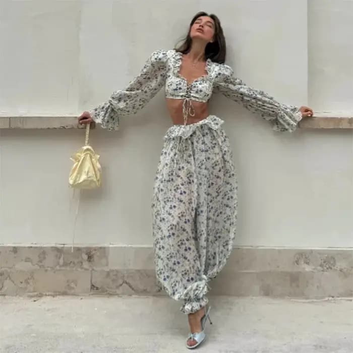 Ensemble haut court et pantalon de jogging imprimé rétro pour femmes
