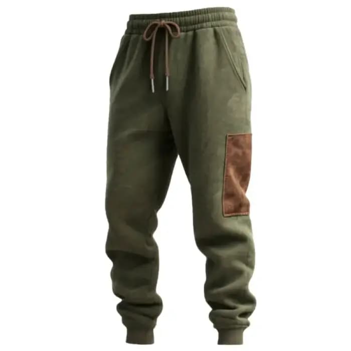 Ensemble de jogging à capuche et pantalon de survêtement en daim marron avec coutures vertes de l'armée vintage pour hommes