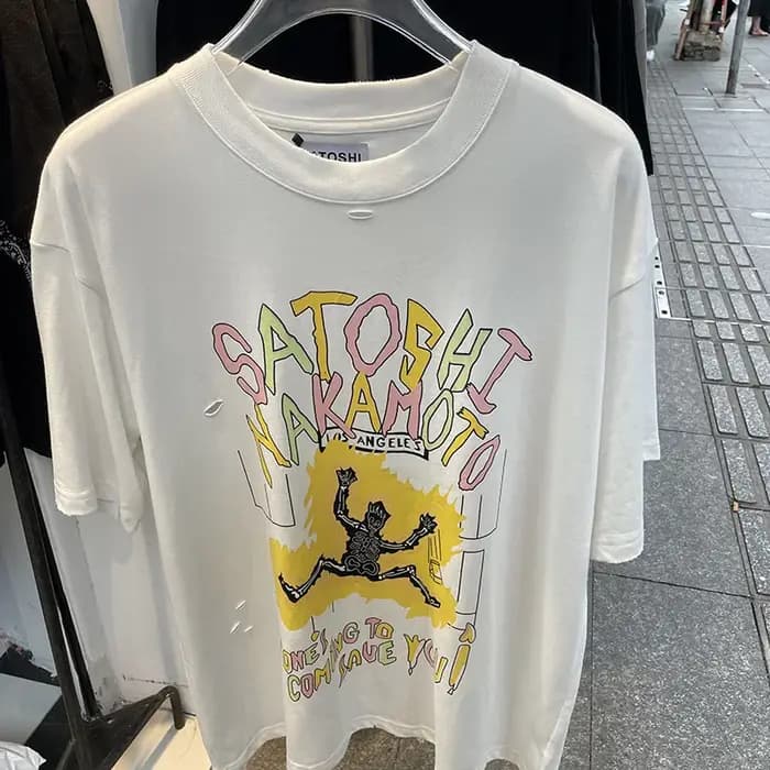 T-shirt noir et blanc avec logo Satoshi Nakamoto pour hommes et femmes