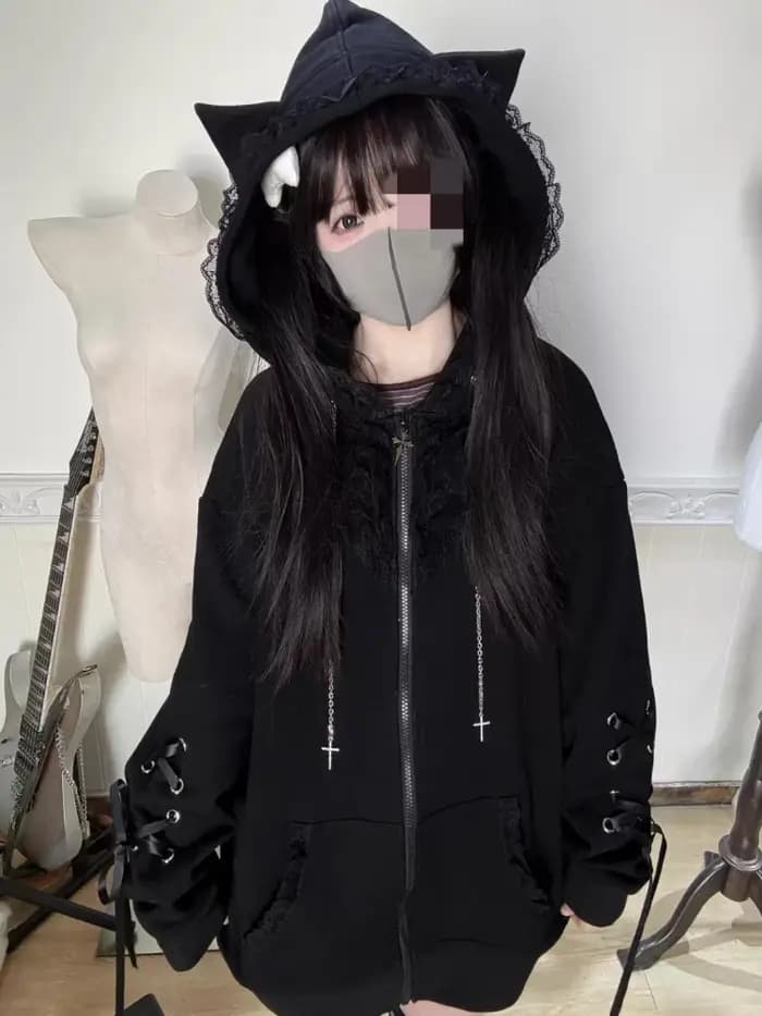 Sweat à capuche ample en dentelle noire pour femme
