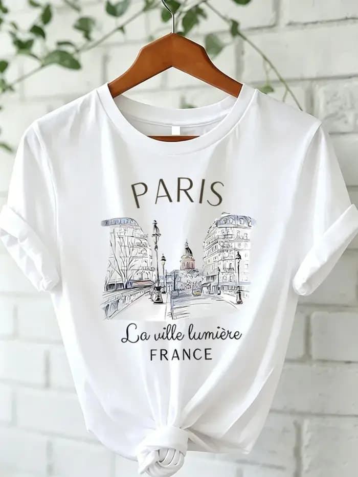 T-shirt imprimé Paris pour femme, taille asiatique 90s, T-shirt décontracté à manches courtes et col