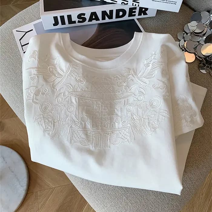 T-shirt à manches courtes en coton blanc brodé pour femmes