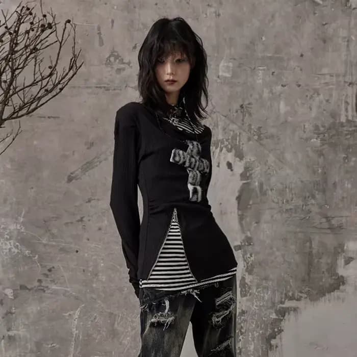 Karrcat Grunge esthétique faux deux pièces hauts Trashy Y2k à manches longues tricoté