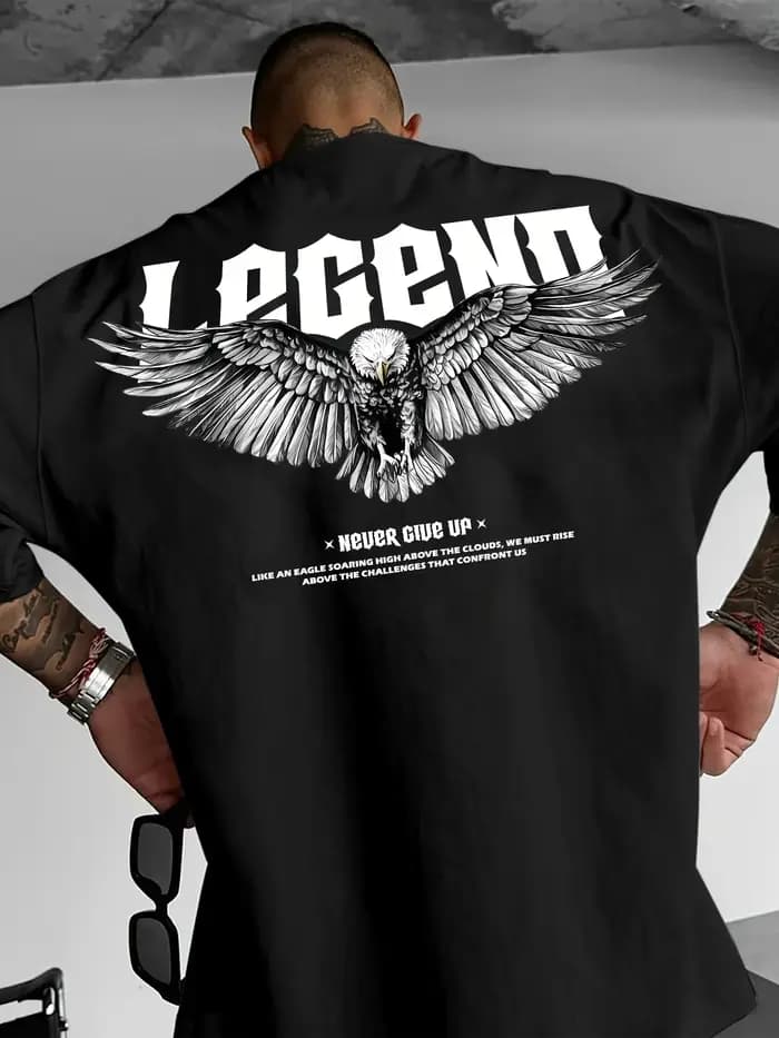 T-shirt pour homme en coton 100% doux de qualité supérieure avec impression de texte gothique « Eagle Legend »