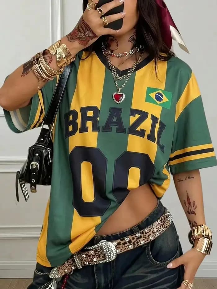 T-shirt ample à rayures vertes et jaunes style Y2K Brésilien