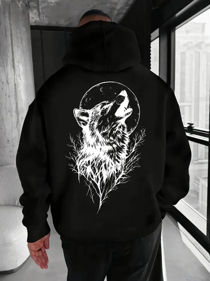 Sweat-shirt à capuche imprimé motif loup pour hommes