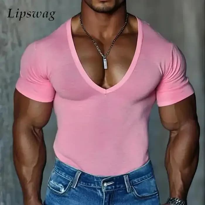 Vintage col en V t-shirts pour hommes été à la mode coupe ajustée Stretch à manches courtes T-shirt hommes quotidien décontracté couleur unie respirant T-shirt