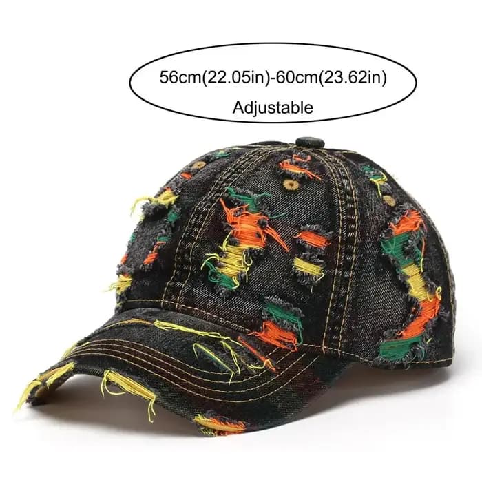 Casquette de baseball rétro en jean avec lignes colorées, style déchiré réglable, visière, pour homme et femme, streetwear d'extérieur
