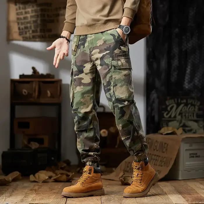 Pantalon cargo ample camouflage multi-poches avec revers pour homme – Jogger décontracté en coton pour le quotidien