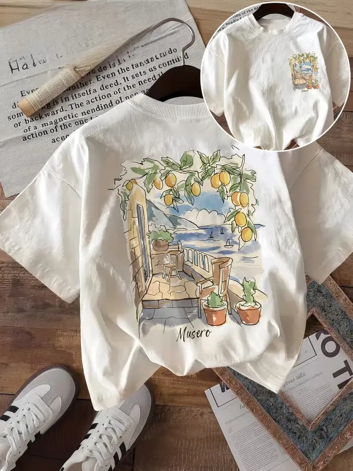 T-shirt graphique citron méditerranéen, hauts esthétiques paysages côtiers, t-shirt tendance vintage