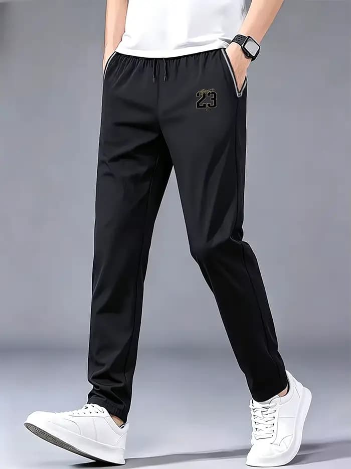 Pantalon de jogging pour homme en soie glacée à imprimé doré, avec cordon de serrage, taille élastiq