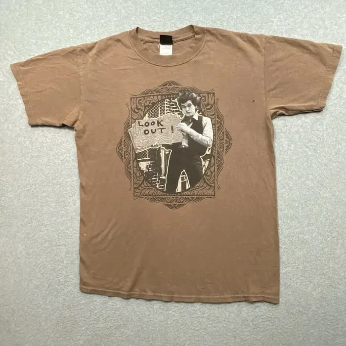 T-shirt vintage Y2K Bob Dylan Look Out marron pour homme taille M Music Distressed