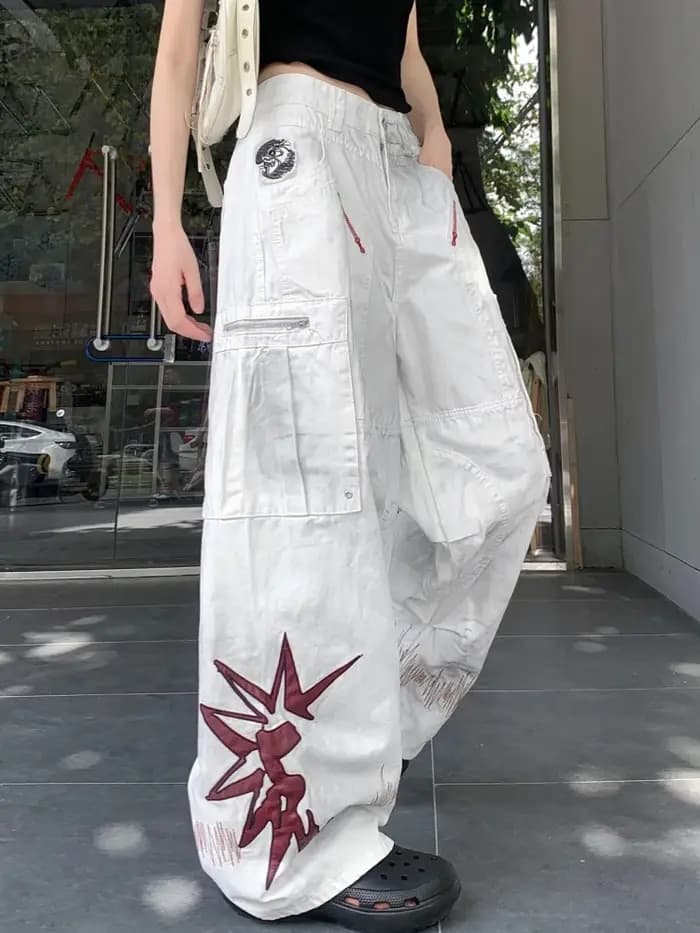 Trashy Y2K 2000S sale lavé blanc broderie Baggy empilé Cargo jean pantalon pour femmes vêtements jambe large Punk dame