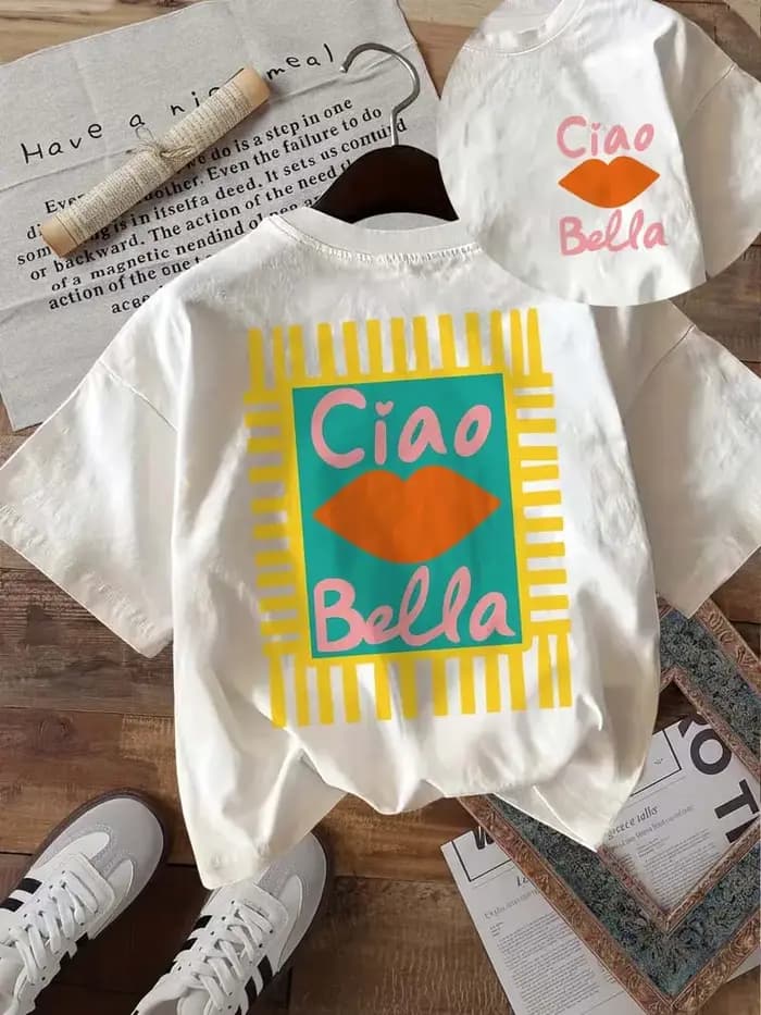 T-shirt graphique Ciao Bella Lips pour femme, imprimé devant et derrière, col rond décontracté, manc