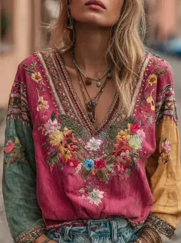 Chemise décontractée à col en V imprimée pour femmes