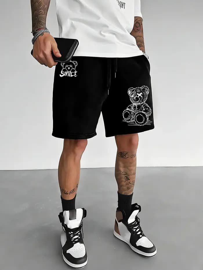 Shorts de marque streetwear surdimensionnés pour hommes, imprimé graffiti ours souriant, polyester n