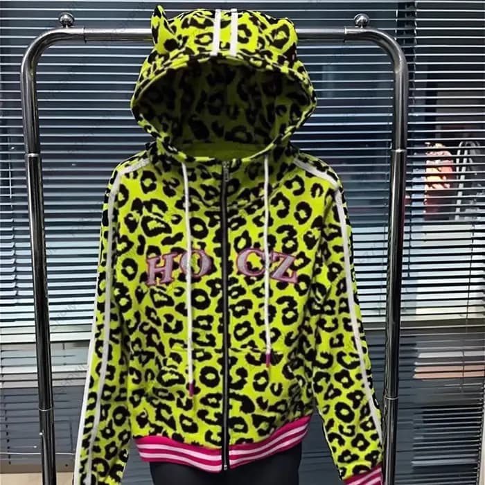 Y2k American retro Harajuku jaune imprimé léopard corne du diable à capuche sweat