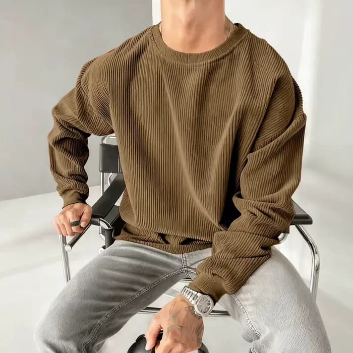 Nouveau pull décontracté en velours côtelé à col rond et couleur unie pour homme