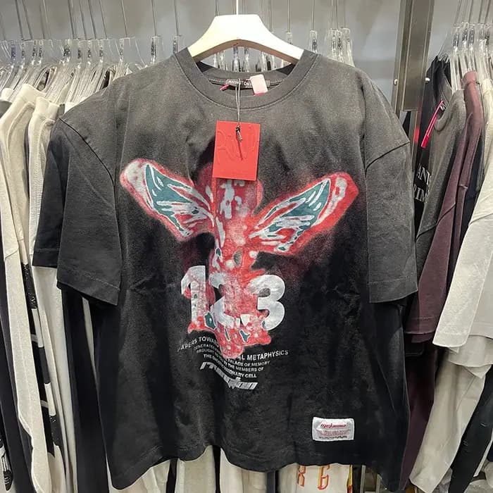 T-shirt en coton épais lavé avec logo imprimé lettres noires RRR-123