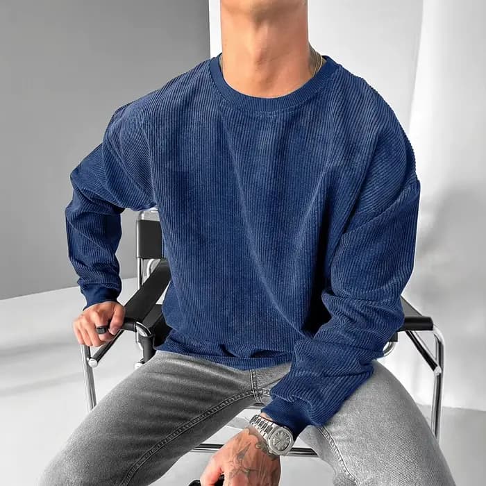 Nouveau pull décontracté en velours côtelé à col rond et couleur unie pour homme