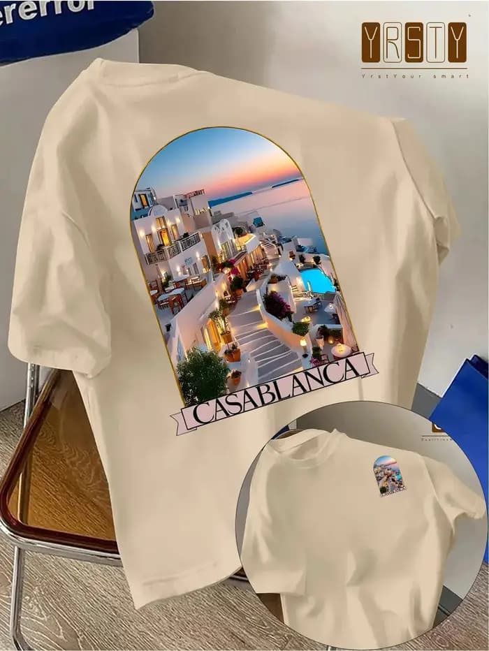 Nouveau T-shirt d'été tendance pour homme avec motif paysage côtier grec, coupe ample confortable, 1