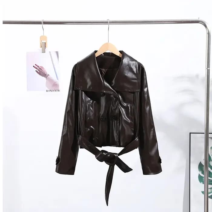 Vestes courtes en cuir avec ceinture de rue pour femmes, col montant, poches à Double boutonnage, ma