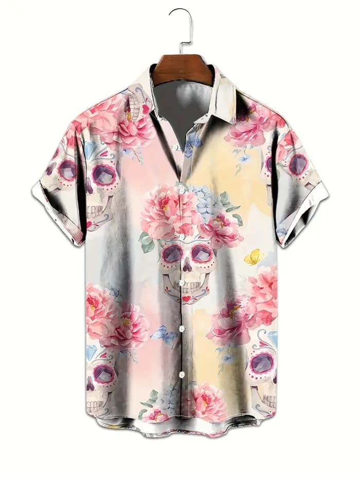 Crâne coloré 3D imprimé chemise rue Hip Hop mode personnalité hommes décontracté hauts été ample à manches courtes