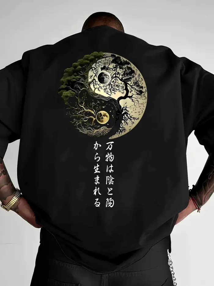 T-shirt graphique Yin Yang Arbre de Vie Calligraphie Japonaise pour Homme Respirant 100% Coton Parfait pour l'été Streetwear Tendance Style Zen
