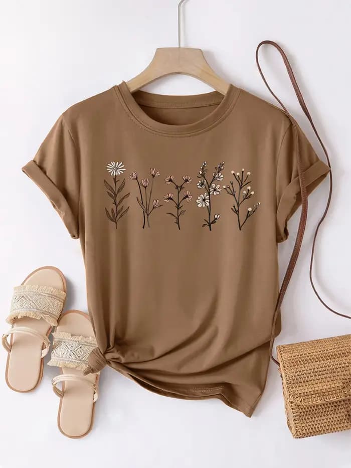 T-shirt pour femme à col rond avec imprimé de cinq petits arbres