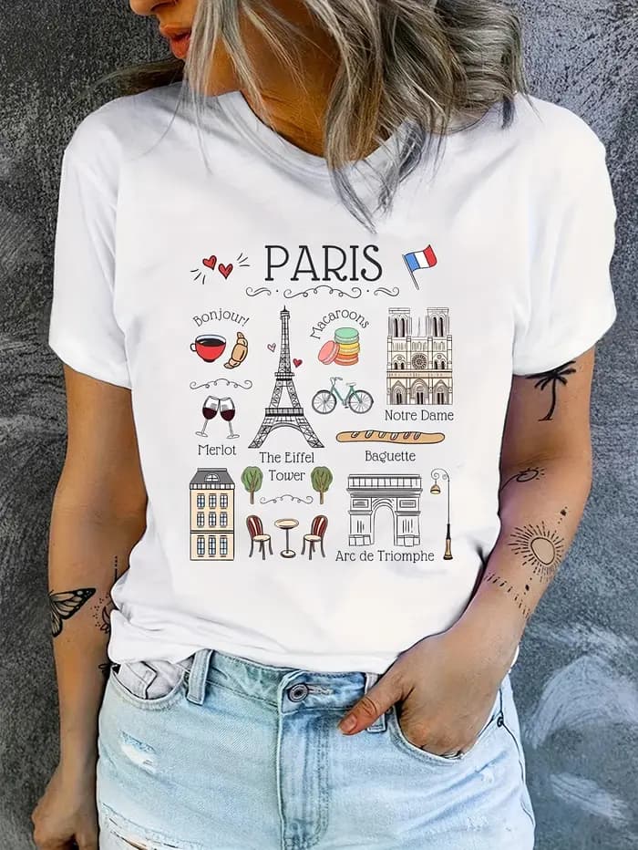 T-shirt décontracté pour femme imprimé Paris Tour Eiffel - Haut de sport à manches courtes