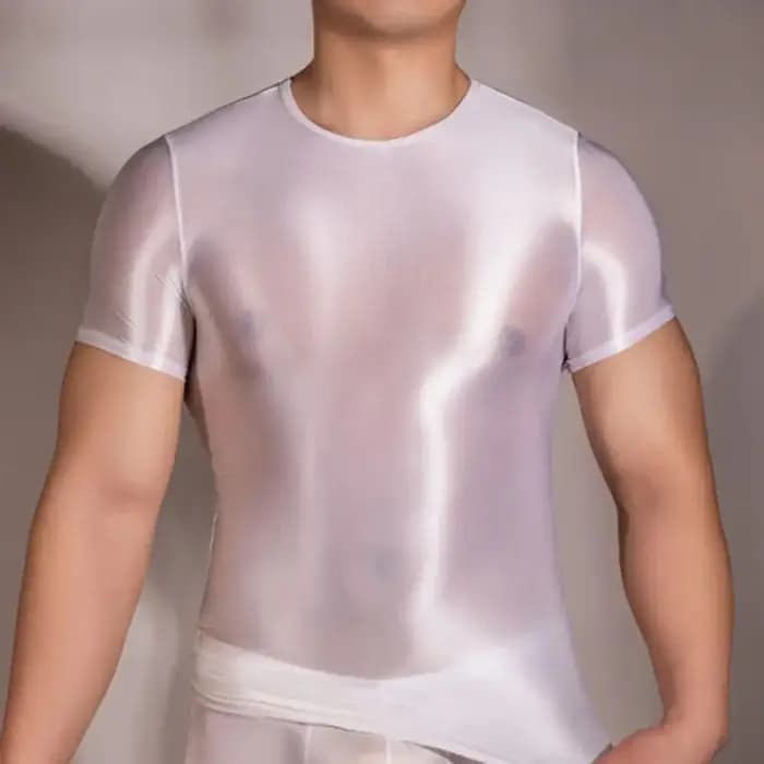PerconsiderMen-T-shirt à manches courtes pour homme, haut à surface brillante transparente, coupe couvertes, mince, haute élasticité, col rond