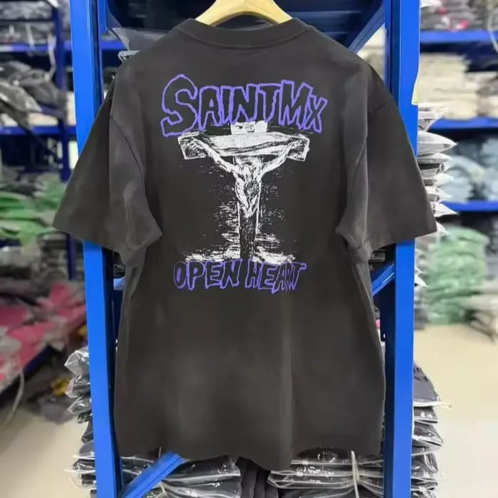 T-shirt Saint délavé vintage, style urbain, unisexe, haute qualité, hip-hop, nouveau, coupe ample, classique, polyvalent, manches courtes