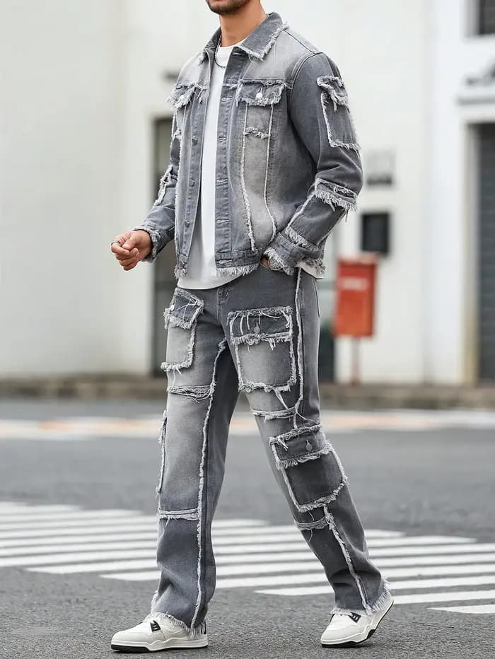 Ensemble en denim gris délavé à ourlet brut