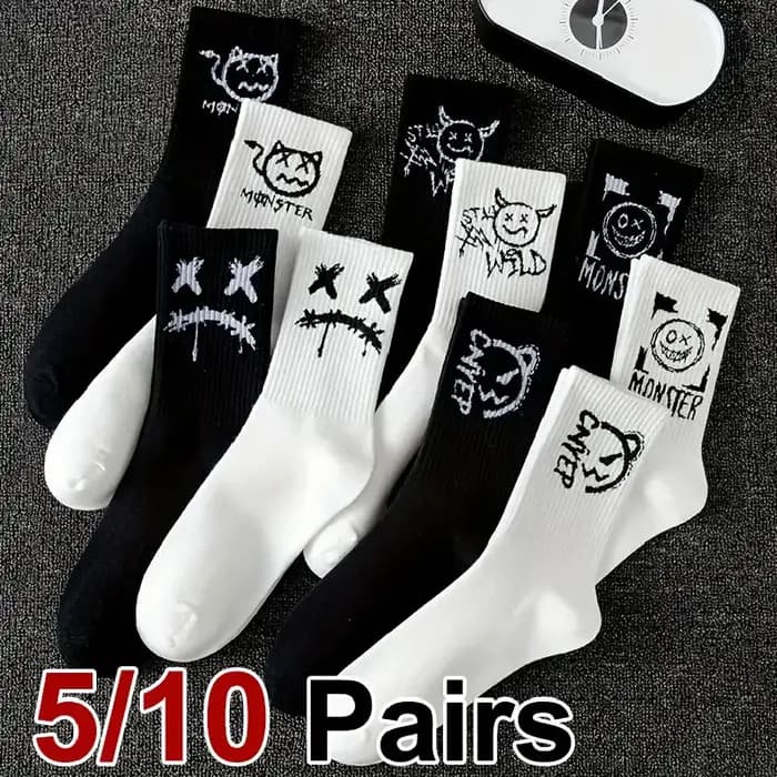 5/10 paires de chaussettes imprimées graffiti pour hommes et femmes, style streetwear, douces, confo