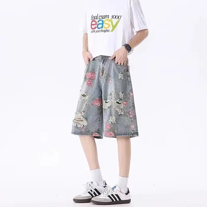 Shorts en jean déchirés et délavés style streetwear américain pour homme