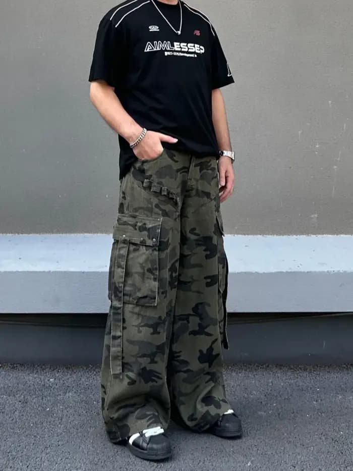 Nouveau Jean Cargo Baggy Camouflage Streetwear Cyber Y2K 2026 pour Homme – Coupe Droite Multi-Poches Hip Hop