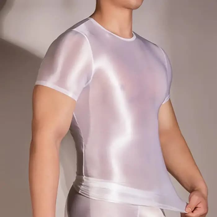 PerconsiderMen-T-shirt à manches courtes pour homme, haut à surface brillante transparente, coupe couvertes, mince, haute élasticité, col rond