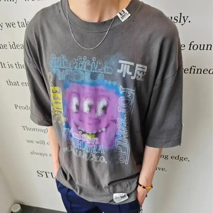 T-shirt vintage pour homme, délavé et vieilli, imprimé graffiti smiley, coupe ample, style streetwear américain, haut décontracté
