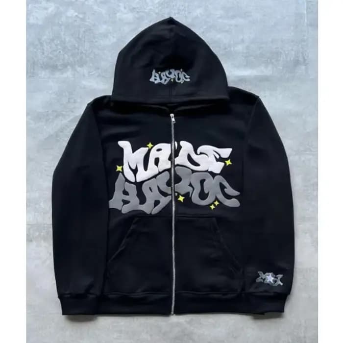 Sweat-shirt à capuche avec fermeture éclair et lettres américaines rétro