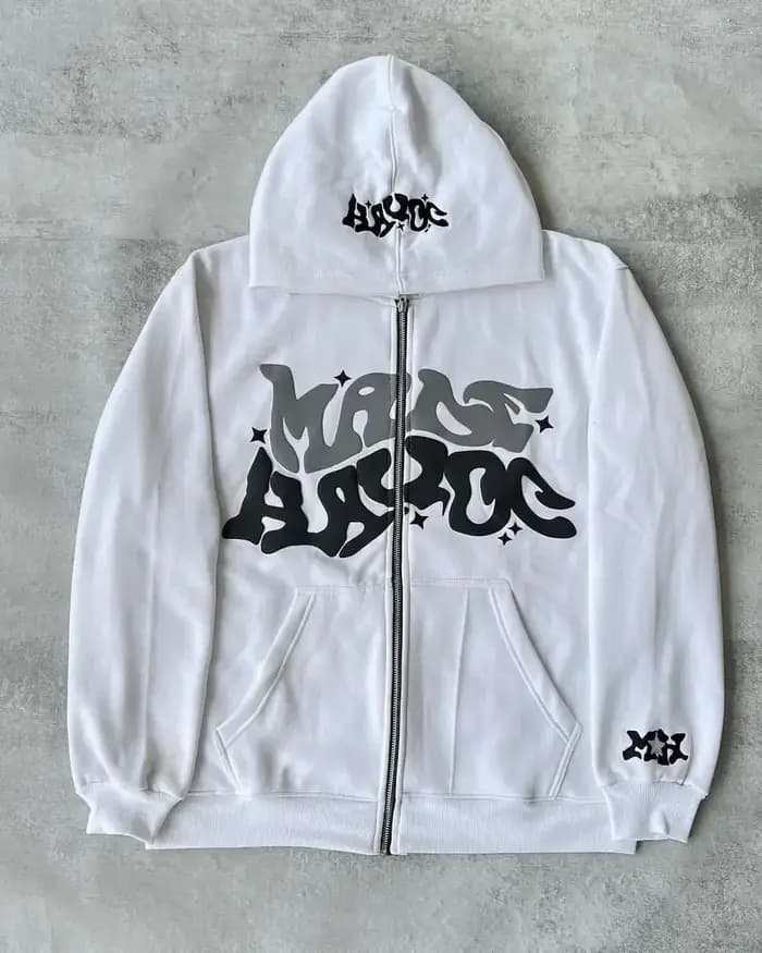 Sweat-shirt à capuche avec fermeture éclair et lettres américaines rétro