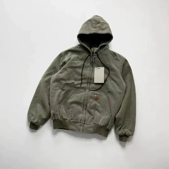 Veste à capuche rétro Carhartt J130 en toile de coton robuste, style Detroit, avec étiquette en cuir