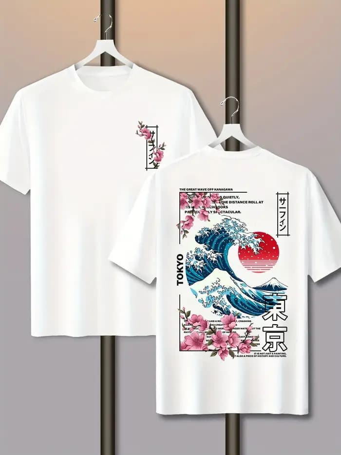 Homme décontracté Tokyo île coucher de soleil vague imprimé 100% coton T-shirt à manches courtes été respirant rue tendance ample confortable