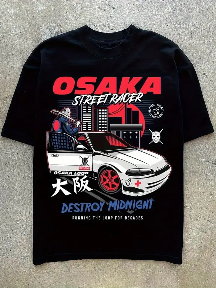 T-shirt JDM pour hommes, course de rue japonaise, Osaka Street Racing Art Midnight Car Destruction,