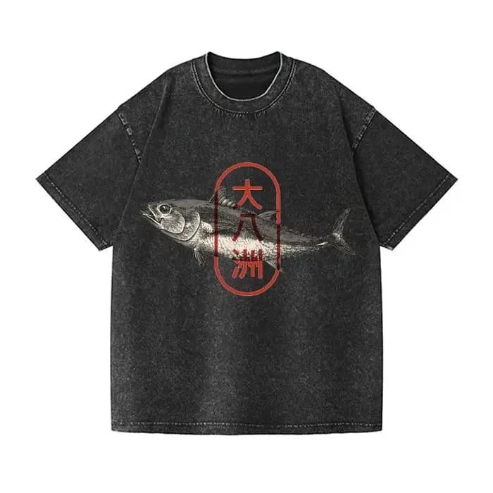 Mode d'été 100% coton lavé acide T-shirts hommes grandes huit îles du japon thon poisson Vintage lavage Design japonais