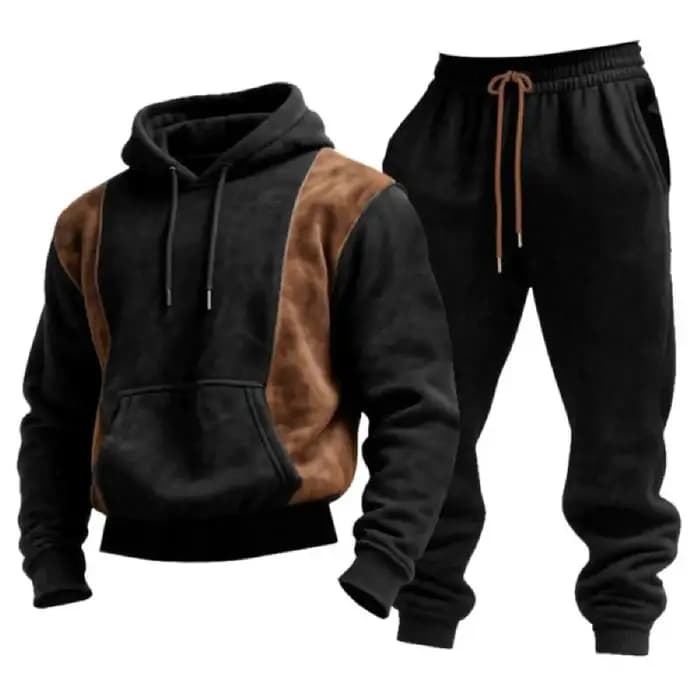 Ensemble de jogging à capuche et pantalon de survêtement en daim marron avec coutures vertes de l'armée vintage pour hommes